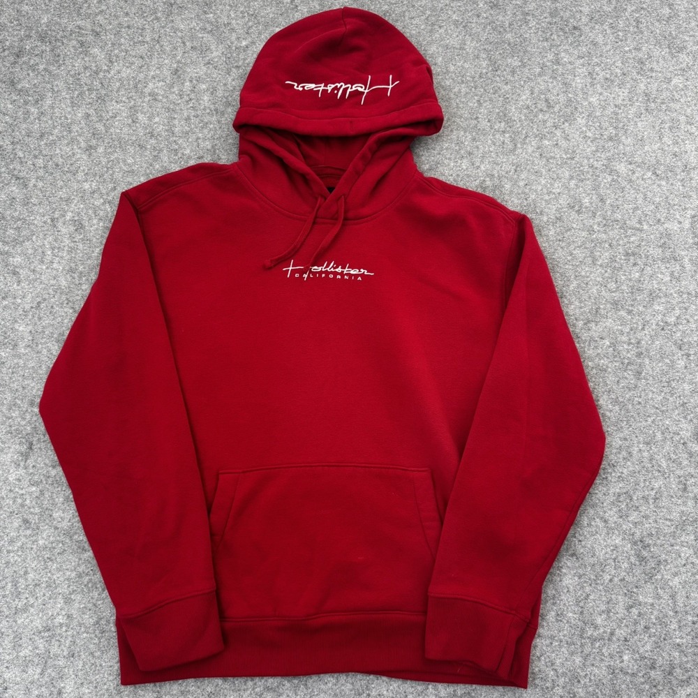 Hollister Hoodie Mens Large Red Script Logo Embroidered Skater Casual Essential